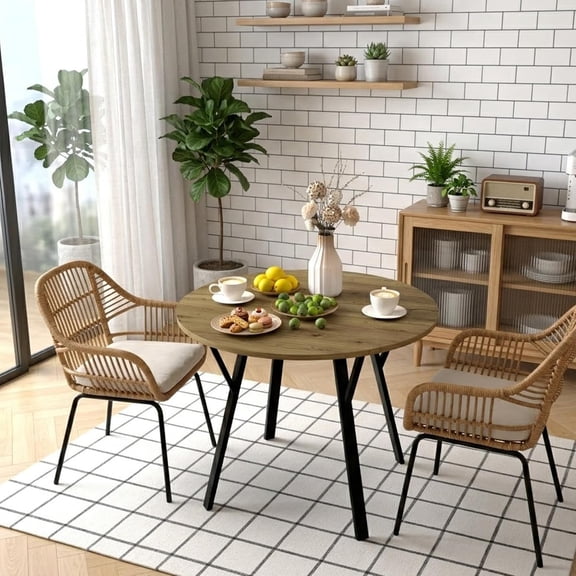 35" Round Dining Table for 2-4, Wood-Grain, Space-Saving | Small Kitchen Table, Sturdy Metal Legs, Easy to Assemble Modern Minimalist Style for Small Spaces