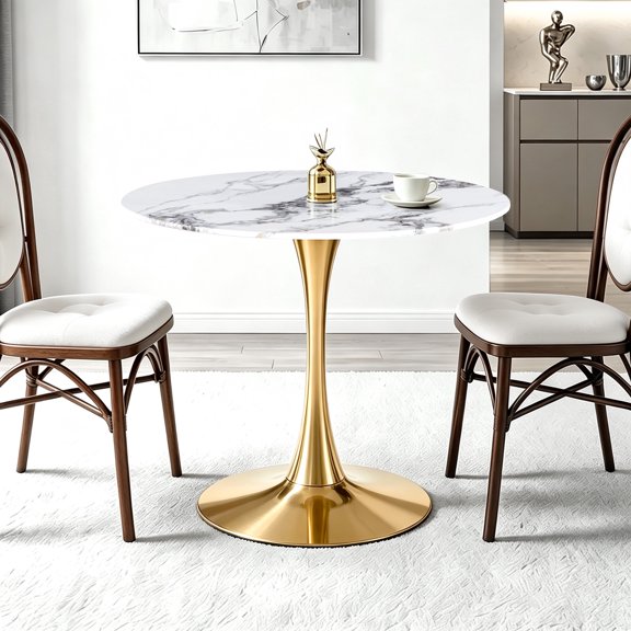 35" Round Engineered Stone Dining Table, Modern Tulip Side Table with Gold Metal Pedestal Base,Bistro Table for Kitchen, Living Room & Balcony