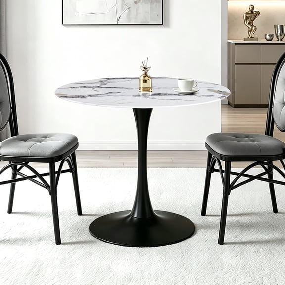35" Round Engineered Stone Dining Table, Modern Tulip Side Table with Gold Metal Pedestal Base,Bistro Table for Kitchen, Living Room & Balcony