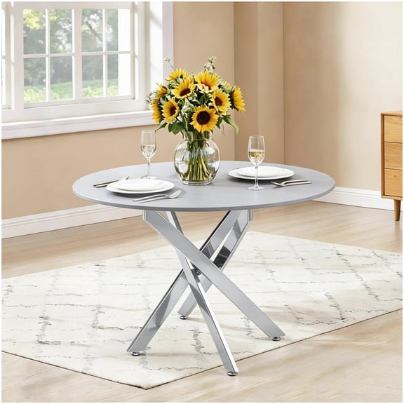 35" Round Granite Pattern Table - Silver Metal Frame Kitchen & Conference Table, Easy to Clean