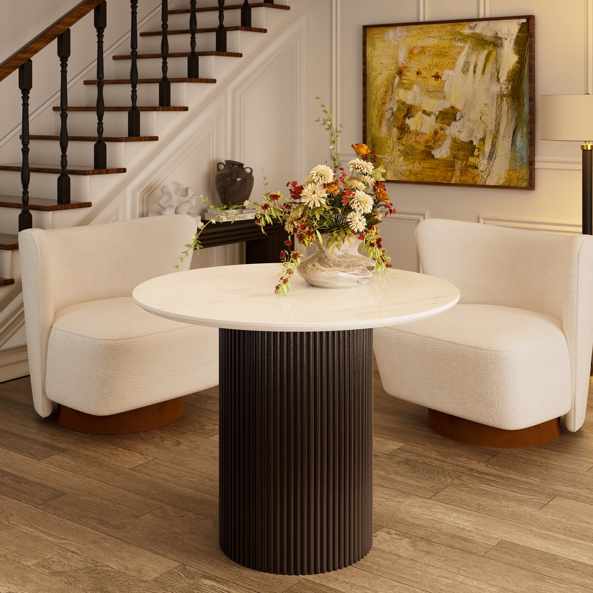 35" Round Marble Top Dining Table with Fluted Solid Wood Base, Sintered ...