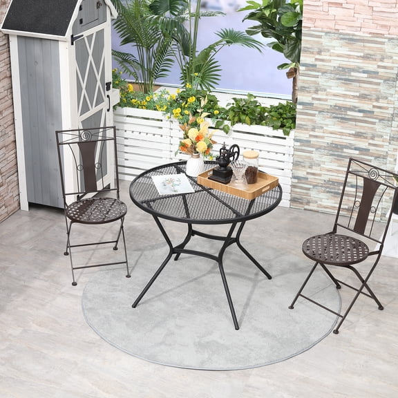 35" Round Outdoor Patio Bistro Dining Table, French Cafe Style, Fast Drying Metal Mesh Tabletop for Garden, Backyard, Poolside, Black
