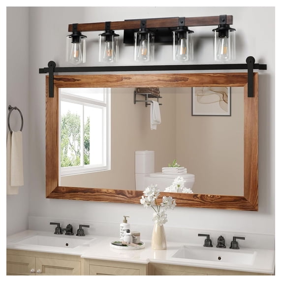 35" Rustic 5-Light Vanity Light, Industrial Bathroom Wall Sconce, Farmhouse Lighting with Wood Accent