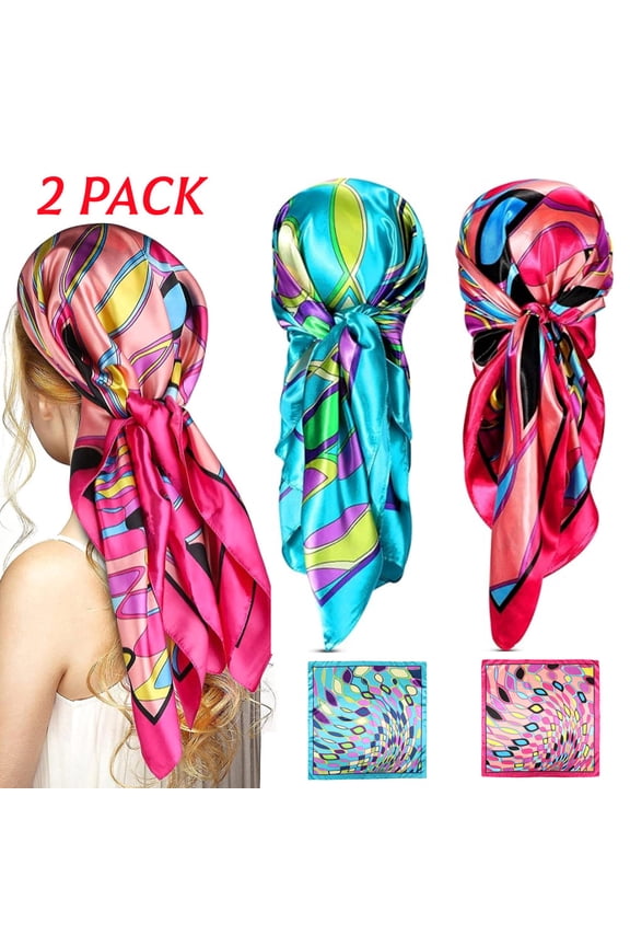 35'' Satin Head Scarf for Women, 2PCS Large Square Hair Scarf Silk Bandana Scarf for Hair Wrapping