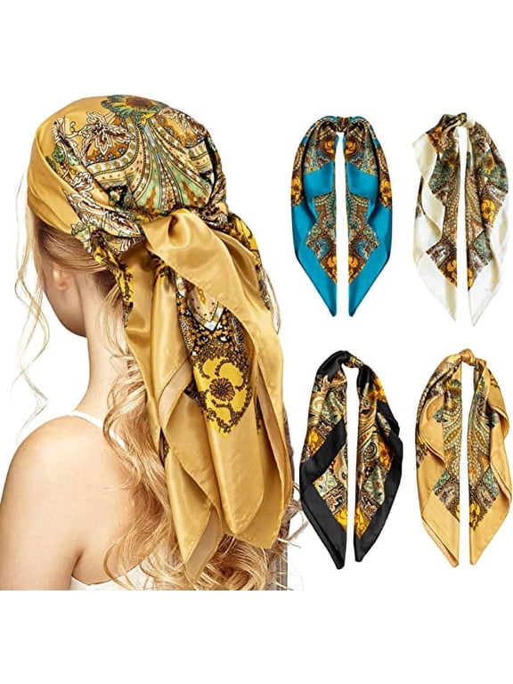 Women's Satin Head Scarf, 4-Piece Multicolor Bandana Scarf Pack