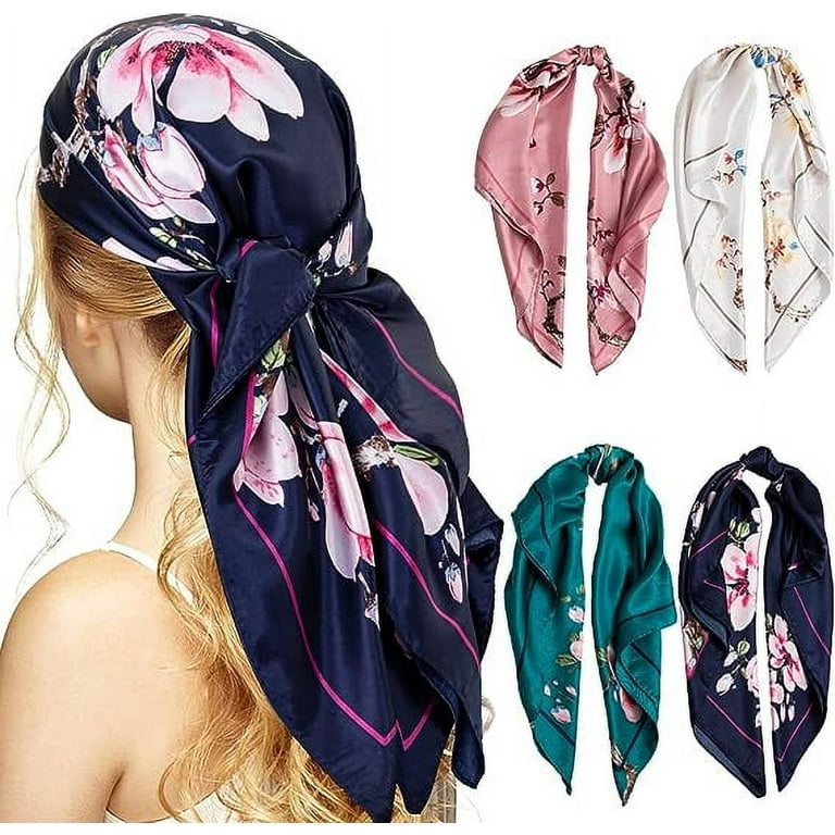 35'' Satin Head Scarf for Women, 4PCS Large Square Hair Scarf Silk Bandana  Scarf for Hair Wrapping at Night 