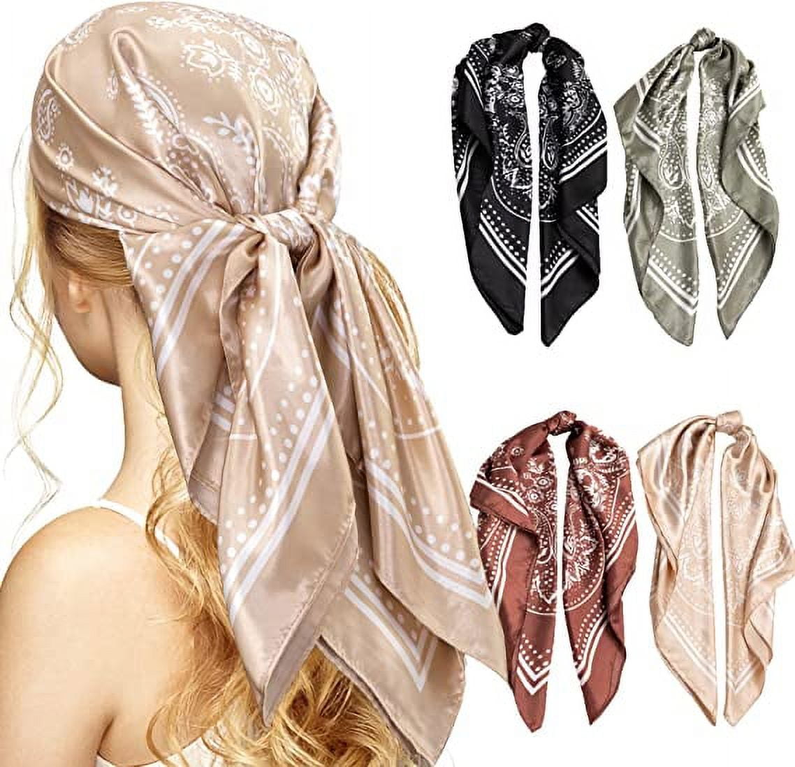 35'' Satin Head Scarf for Women, 4PCS Large Square Hair Scarf Silk