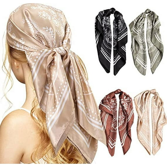 HBlife Large Square Women's Satin Head Scarf Bandana, 4 Pack