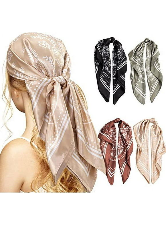 35'' Satin Head Scarf for Women, 4PCS Large Square Hair Scarf Silk Bandana Scarf for Hair Wrapping at Night