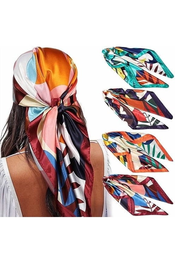 35” Satin Large Square Head Scarves - 4PCS Silk Like Neck Scarf Hair Sleeping Wraps Satin Silk Scarfs for Women