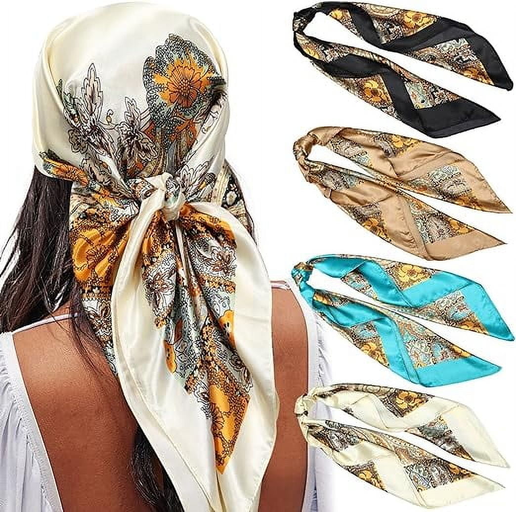 ZHUYING 35 Satin Large Square Head Scarves - 4PCS Silk Like Neck Scarf Hair Sleeping Wraps Satin Silk Scarfs for Women