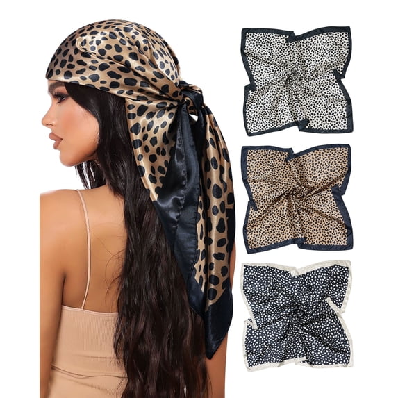 35” Satin Scarf for Women Polka Dot Leopard Square Head Scarf 3pc Wrap Neck Silk Headscarf