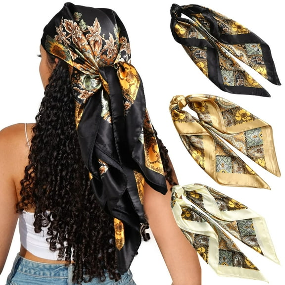 35" Satin Square Hair Scarf Bandanas 3Pcs Large Silk Head Scarves Lightweight Satin Hair Kerchief Sleeping Hair Wraps
