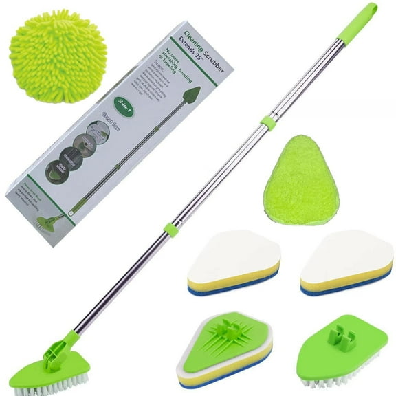 35'' Scrub Cleaning Brush with Long Handle, Extendable Floor Scrubber with 5 different brushes, Adjustable Lightweigh Detachable Kitchen Brush for Baseboard Shower Bathroom Bathtub Tile