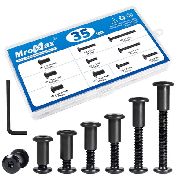 35 Sets Black M6 Hex Drive Socket Cap Bolts Screws Kit, M6 x 16mm/ 20mm/ 25mm/ 30mm/ 40mm/ 50mm Binding Screws Socket Cover Connecting Bolt Fixing Post Screw for Furniture Chair Crib Table Cabinets