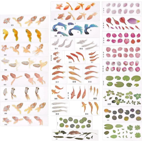 35 Sheets 3D Film Stickers - Koi Pond Painting Lotus Leaf Resin Decorate for Craft Art Colorful