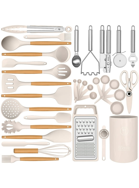 35 Silicone Cooking Utensils Set - 446°F Heat Resistant Silicone Kitchen Utensils for Cooking, Kitchen Utensil Spatula Set w Wooden Handles and Holder, BPA FREE Gadgets for Non-Stick Cookware (Khaki)