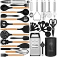 thumbnail image 1 of 35 Silicone Cooking Utensils Set - 446°F Heat Resistant Silicone Kitchen Utensils for Cooking, Kitchen Utensil Spatula Set w Wooden Handles and Holder, BPA FREE Gadgets for Non-Stick Cookware (Black), 1 of 9