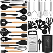 35 Silicone Cooking Utensils Set - 446 F Heat Resistant Silicone Kitchen Utensils for Cooking, Kitchen Utensil Spatula Set w Wooden Handles and Holder, BPA FREE Gadgets for Non-Stick Cookware Black