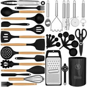 35 Silicone Cooking Utensils Set - 446 F Heat Resistant Silicone Kitchen Utensils for Cooking, Kitchen Utensil Spatula Set w Wooden Handles and Holder, BPA FREE Gadgets for Non-Stick Cookware Black
