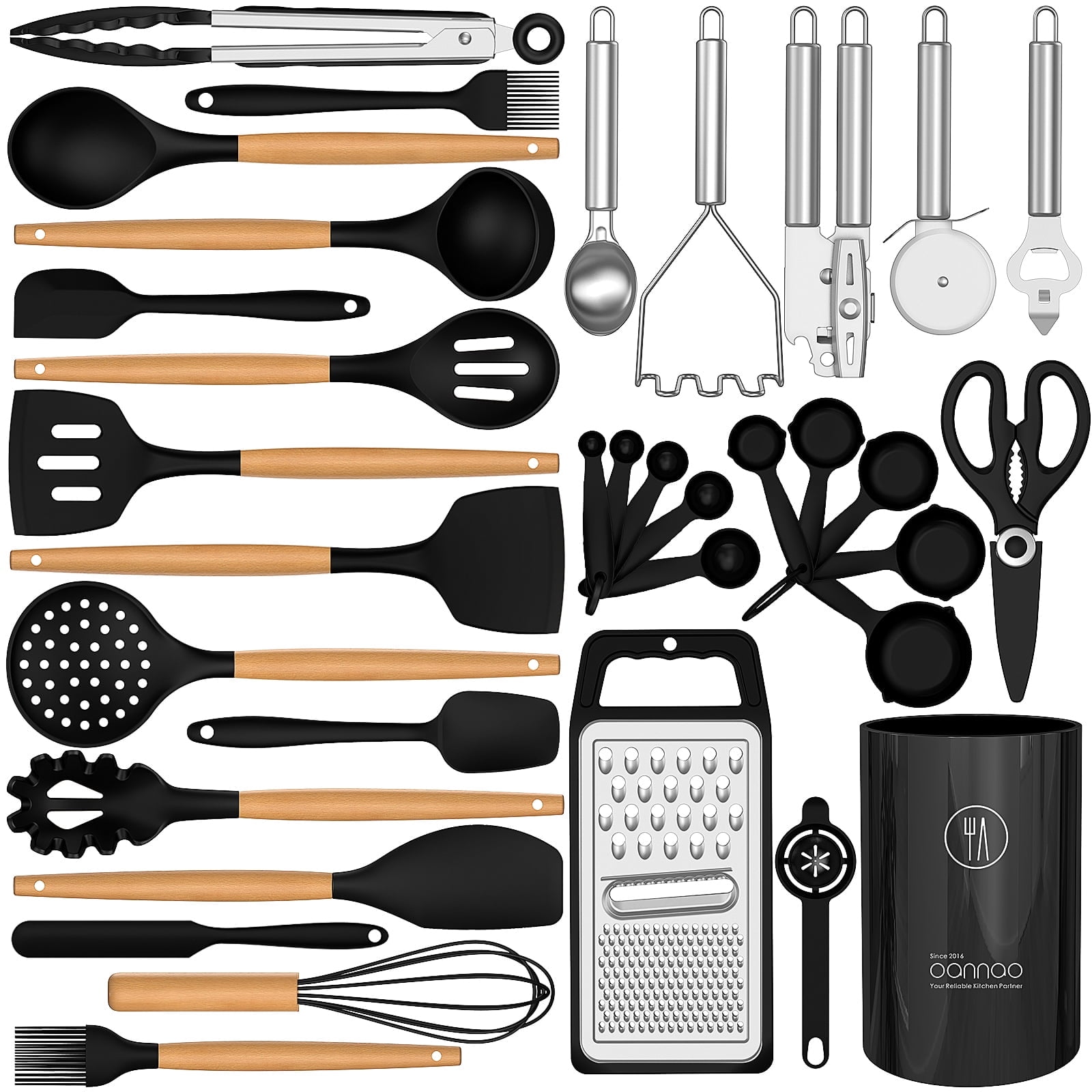 Walmart discounts of 35 Silicone Cooking Utensils Set - 446°F Heat Resistant Silicone Kitchen Utensils for Cooking, Kitchen Utensil Spatula Set w Wooden Handles and Holder, BPA FREE Gadgets for Non-Stick Cookware (Black)