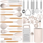 35 Silicone Cooking Utensils Set - 446 F Heat Resistant Silicone Kitchen Utensils for Cooking, Kitchen Utensil Spatula Set w Wooden Handles and Holder, BPA FREE Gadgets for Non-Stick Cookware Khaki