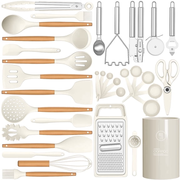 35 Silicone Cooking Utensils Set - 446°F Heat Resistant Silicone Kitchen Utensils for Cooking Sets, BPA FREE Kitchen Utensil Spatula Set for Non-Stick Cookware, Kitchen Gadgets (Cream White)