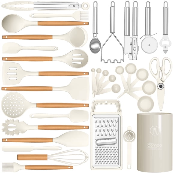 35 Silicone Cooking Utensils Set - 446°F Heat Resistant Silicone Kitchen Utensils for Cooking Sets, BPA FREE Kitchen Utensil Spatula Set for Non-Stick Cookware, Kitchen Gadgets (Cream White)
