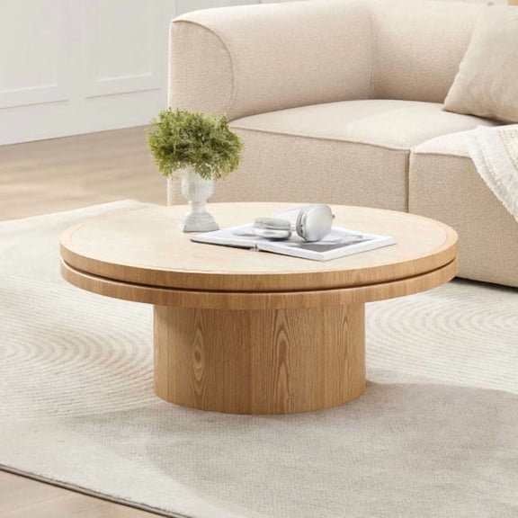 35" Sintered Stone Living Room Coffee Table, Low Coffee Table with MDF Pedestal, Accent Coffee Table with Easy Assembly for Reception Room Apartment, Natural