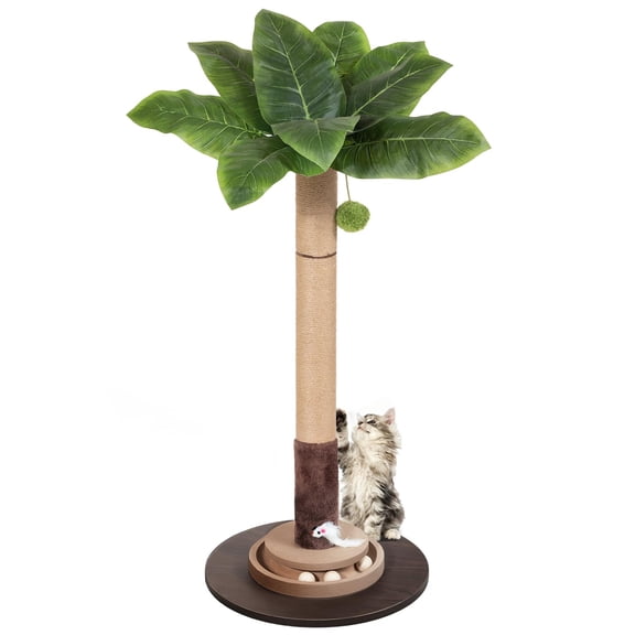 35" Sisal Rope Cat Palm Leaf Tree with Hanging Ball and Mouse