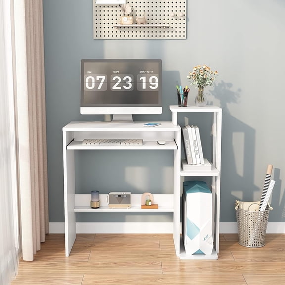 35” Small Computer Desk for Bedroom, Multipurpose Study Desk with 3-Tier Storage Shelves and Keyboard Tray, Ideal for Home, Office, Bedroom, White