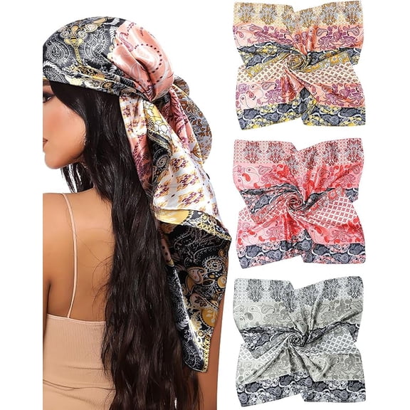 35” Square Head Scarf for Women, 3 Pack Like Silk Satin Headscarf Hair Neck Scarf Top Bandanas for Sleeping