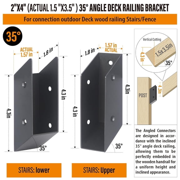 35 ° Stair Angle Stainless Steel Deck Railing Connectors for 2"x4" ( 1.5"x3.5") Railing Wood Post (8 Pair)
