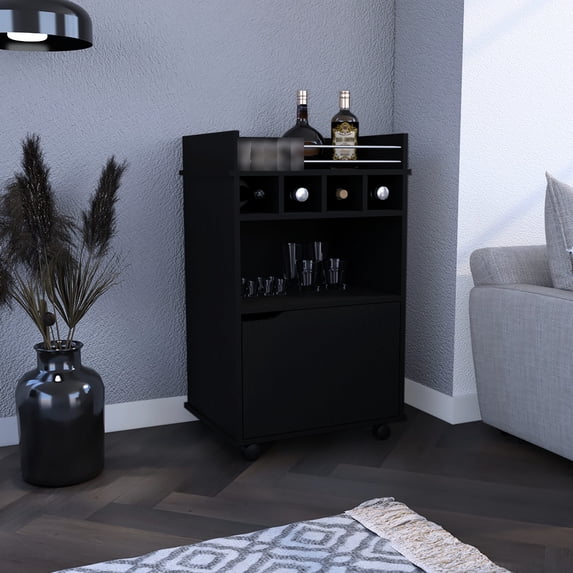 35" Tall Black Bar Cart with 4 Compartments and Wheels / Flexible Bar Solution