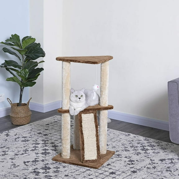 35" Tall Cat Tree Tower with Cat Condos - Large Cat Tree - Cat Tower for Indoor Cats - Play Scratch Hide Climb Activity Furniture with Toy - Brown and Beige