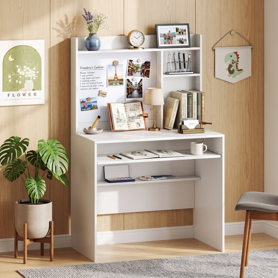 35" Tall Computer Desk with Hutch & Magnetic Whiteboard, Study Desk Writing Desk for Home Office,White