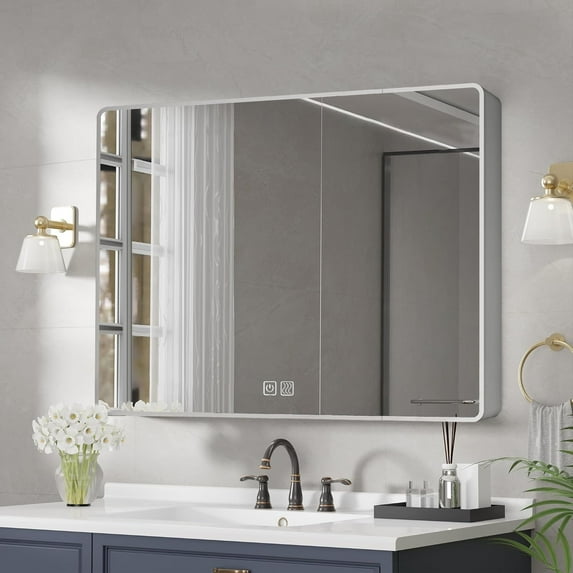 35"W x 28"H Recessed or Surface Mount 3-Door Frameless Bathroom Medicine Cabinet with Mirror, LED Light, Defogger