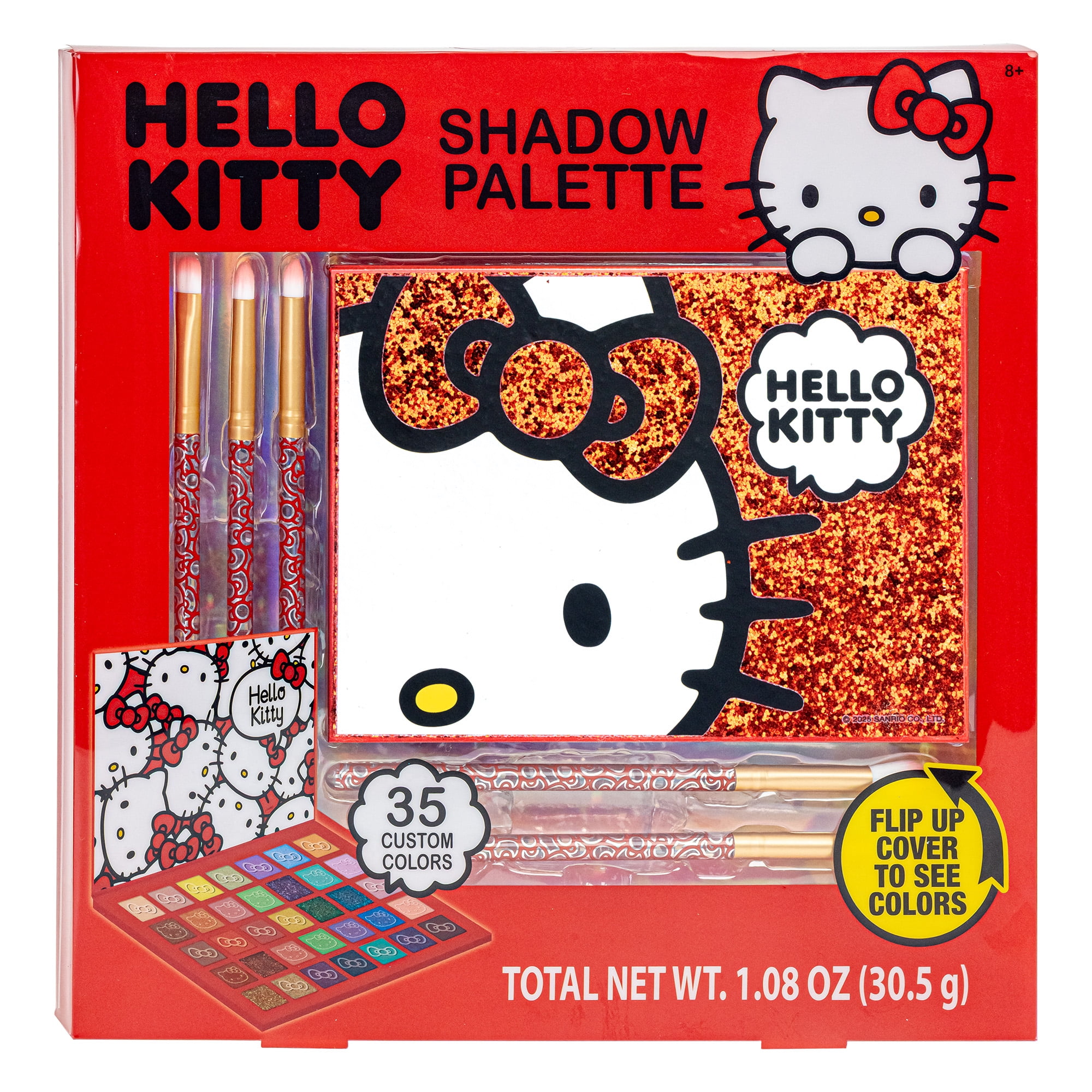 Hello Kitty Eyeshadow Palette Set - 35 Custom Colors, 5 Themed Brushes, Flip - up Glitter Cover, 8+