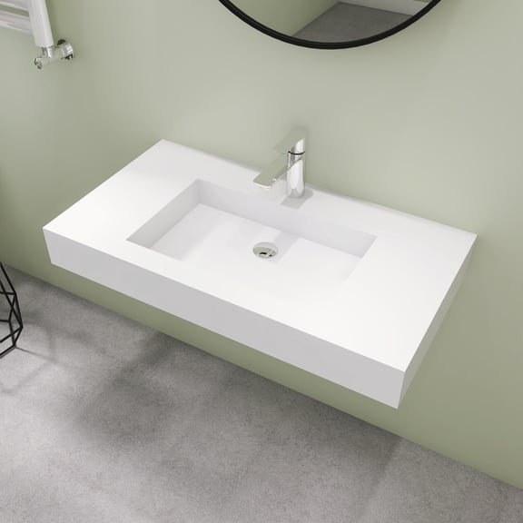 35" Wall Mount Rectangle Vessel Sink with Faucet Hole, Solid Surface Bathroom Vessel Sink