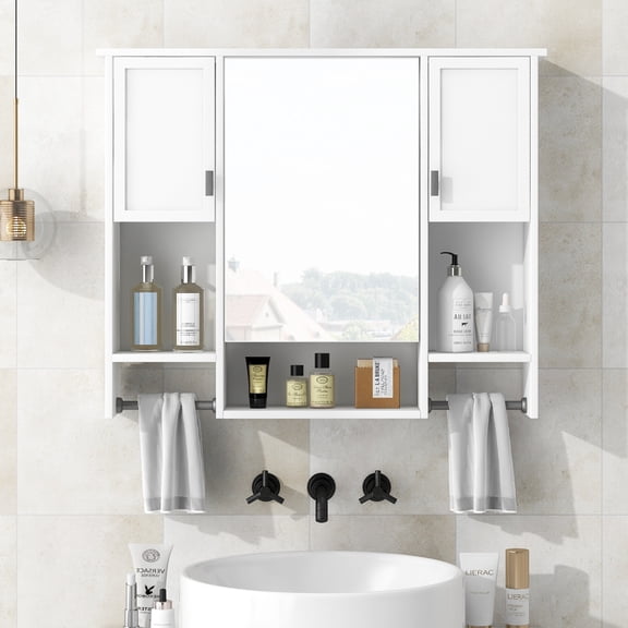 35" Wall Mounted Bathroom Storage Cabinet with Mirror, Medicine Cabinet with Towel Bar, Adjustable Shelves, Soft Close Hinges, Modern, White