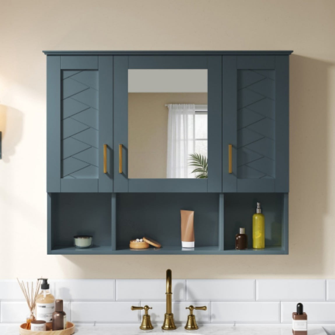 35" Wall Mounted Medicine Cabinet with Mirror, Bathroom Storage Cabinet with Adjustable Shelves, Soft Close Doors, Modern Mirror Cabinet for Vanity, Blue