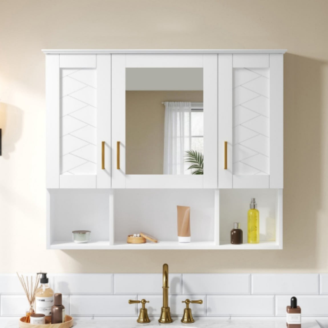 35" Wall Mounted Medicine Cabinet with Mirror, Bathroom Storage Cabinet with Adjustable Shelves, Soft Close Doors, Modern Mirror Cabinet for Vanity, White
