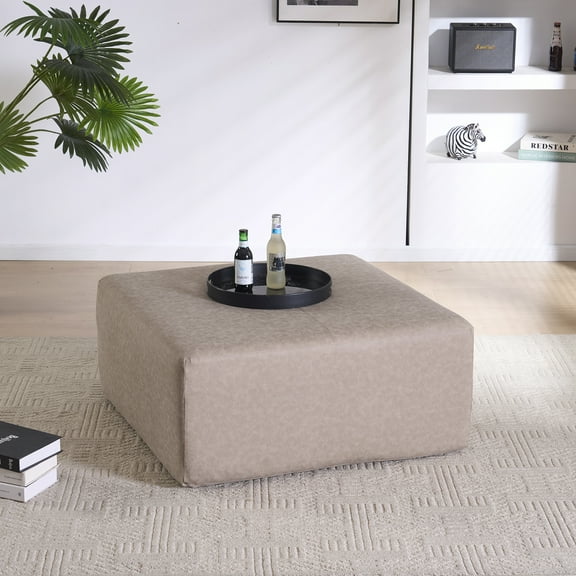 35" Wide Oversized Square Ottoman Coffee Table, Faux Leather Couch Ottoman Large Footstool for Living Room