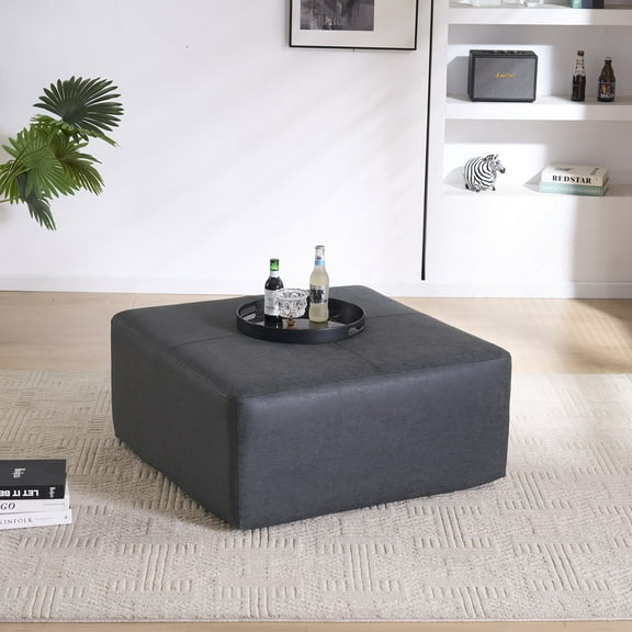 35" Wide Oversized Square Ottoman Coffee Table, Faux Leather Couch Ottoman Large Footstool for Living Room