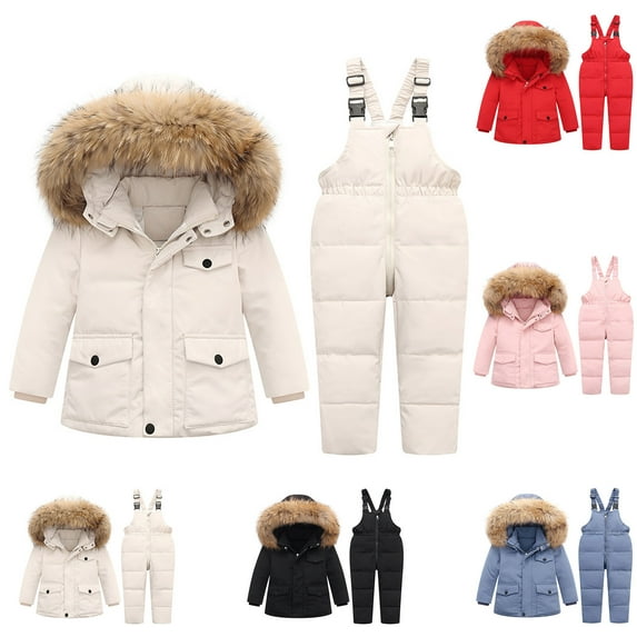 Up to 35% Winter Kids Boys Ski Suit Pants Jackets Sets Boys Girls Fashion Solid Color Down Jackets Keep Thickening Warm Outdoor Coat Jumpsuit Set Beige 5 Years