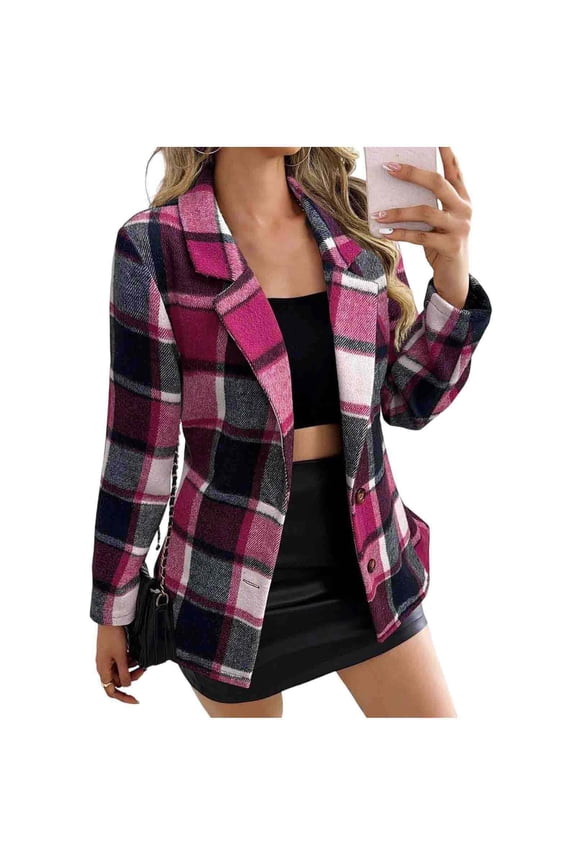 Up to 35% off Women's Cozy Fleece Jacket Western Aztec Print Snap Button Down Coat with Pockets Women's Loose Plaid Printed Long Sleeved Pocket Woolen Coat Cardigan Top Hot Pink XXL
