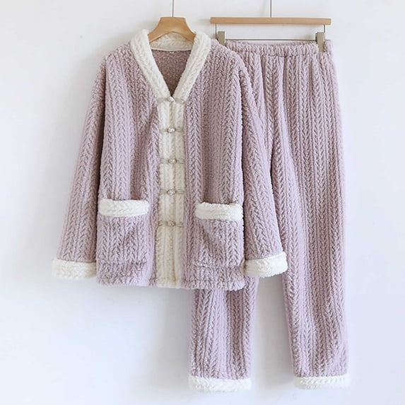 Up to 35% Women' s Fluffy Pajamas Set Fleece Pullover Pants Loose Plush Sleepwear 2 Piece Pjs Set Womens Solid Color Thick Flannel Warm And Casual Home Clothes Pajama Set,Purple,XL