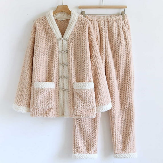 Up to 35% Women' s Fluffy Pajamas Set Fleece Pullover Pants Loose Plush Sleepwear 2 Piece Pjs Set Womens Solid Color Thick Flannel Warm And Casual Home Clothes Pajama Set,Pink,XL