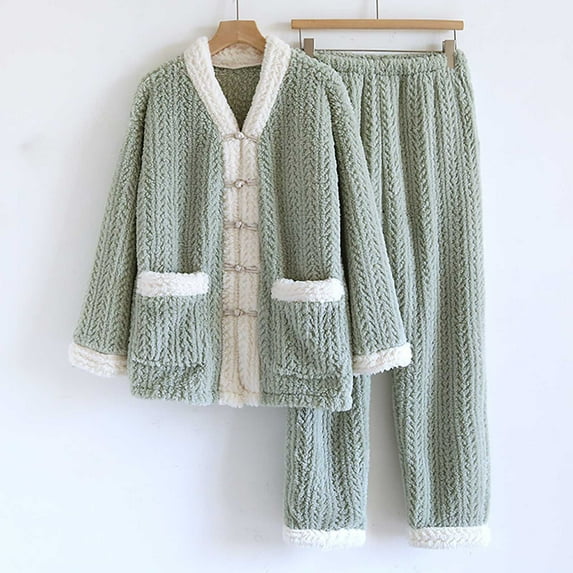 Up to 35% Women' s Fluffy Pajamas Set Fleece Pullover Pants Loose Plush Sleepwear 2 Piece Pjs Set Womens Solid Color Thick Flannel Warm And Casual Home Clothes Pajama Set,Green,M