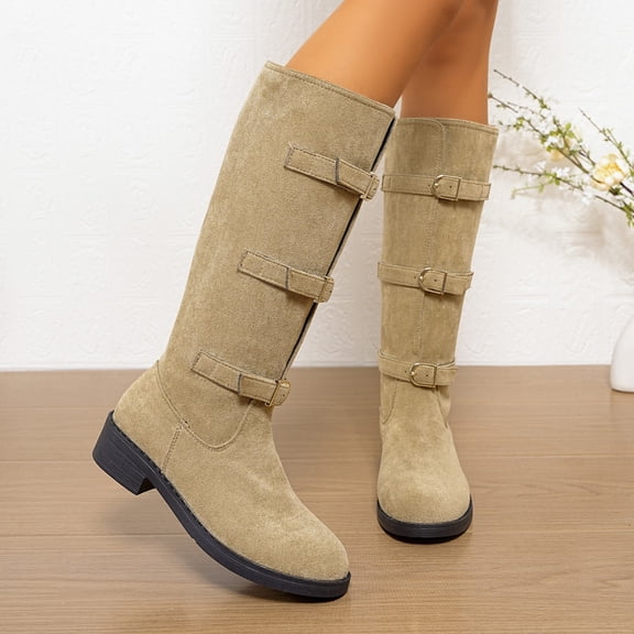 Women's Knee High Boots Tall Fashion Riding Boots Women's Fashion Casual Long Boots Solid Color Round Toe Belt Cover Leg Buckle Thick Heel Square Low Heel Knee-High Boots Khaki 41